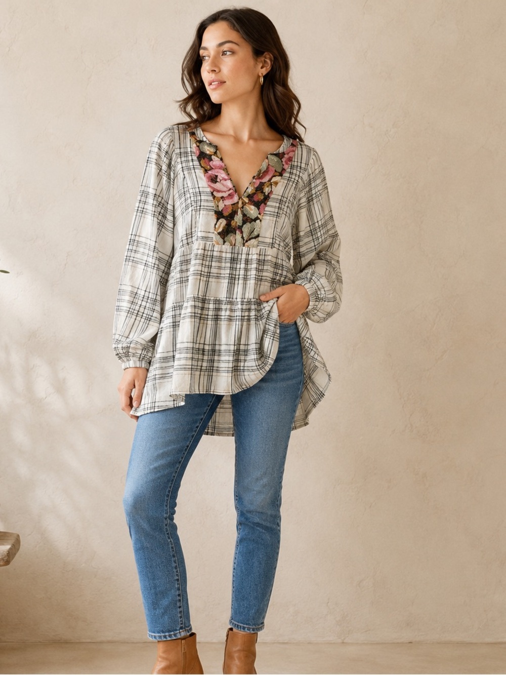 Anthropologie Split Neck Mixed Media Metallic Floral Linen Blend Tunic NWOT